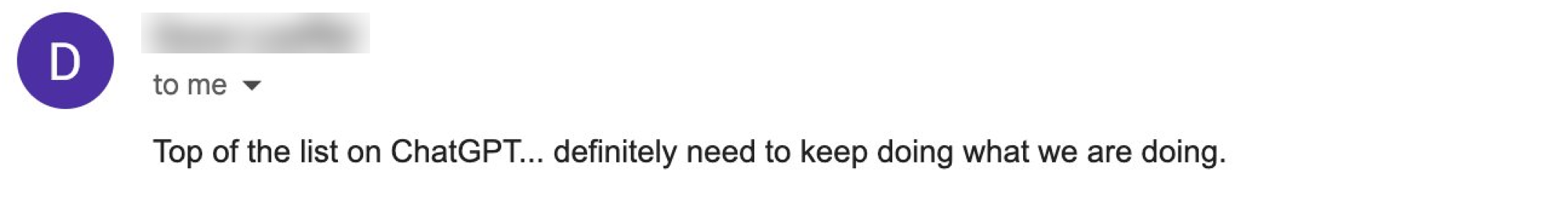 Client message about ranking at the top of ChatGPT
