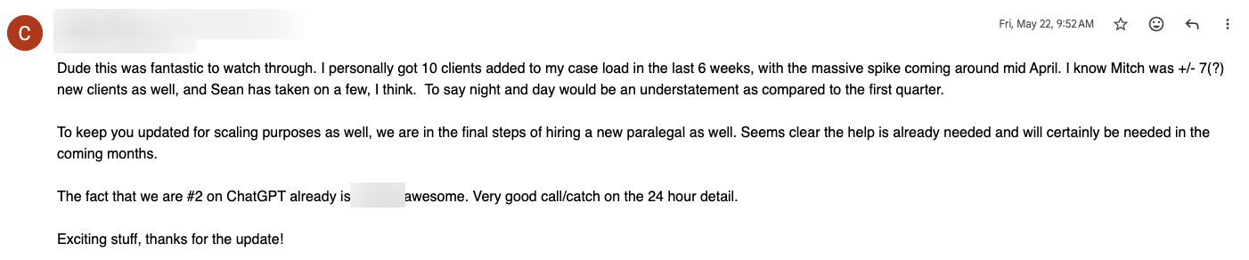 Client message about ten new clients in six weeks